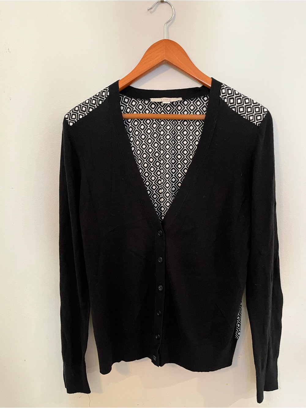 LOFT Black Cardigan with Black-and-White Geometric Trim